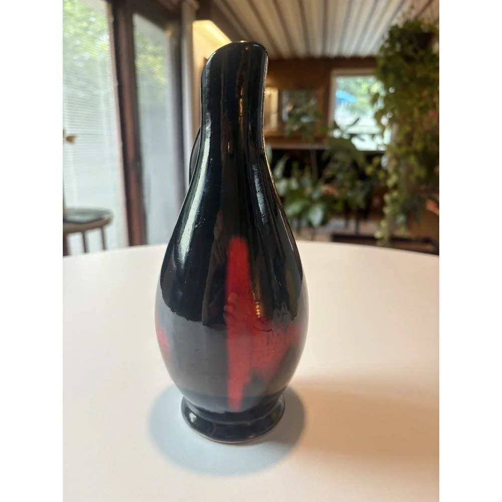 Vintage Hungarian Black Red Drip Glaze Pitcher Vase Mid Century Pottery BISZ 60s